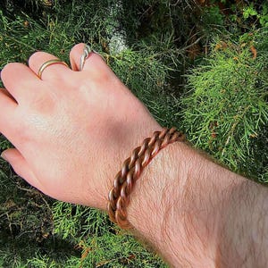 May include: A copper-colored chain bracelet with a braided design. The bracelet is worn on a wrist with visible arm hair. A gold ring and a silver ring are also visible on the hand. The background is a green, leafy bush.
