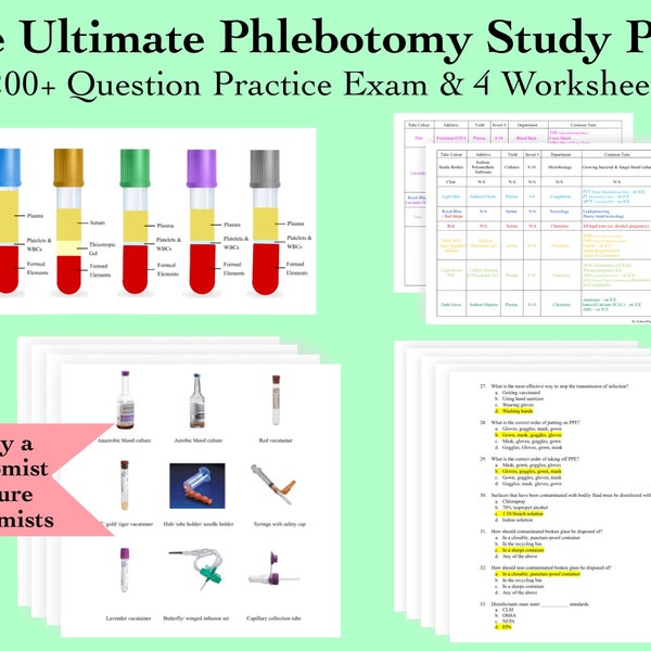 Phlebotomy Study Pack Phlebotomy Practice Test Phlebotomy Worksheet NHA Test Prep Order of Draw Phlebotomy Kit Venipuncture Butterfly Needle