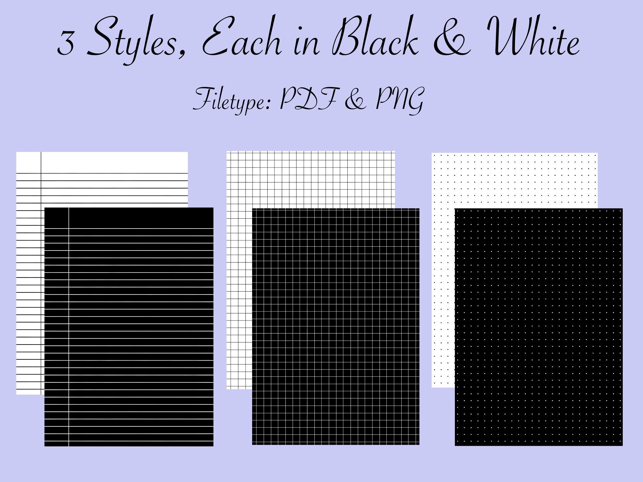 A4 Digital Printable Black and White Lined, Grid, and Dot Grid Papers