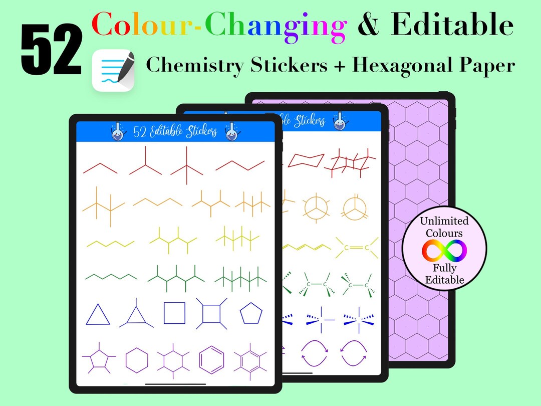 52 Digital Color Changing, Editable Organic Chemistry Stickers for