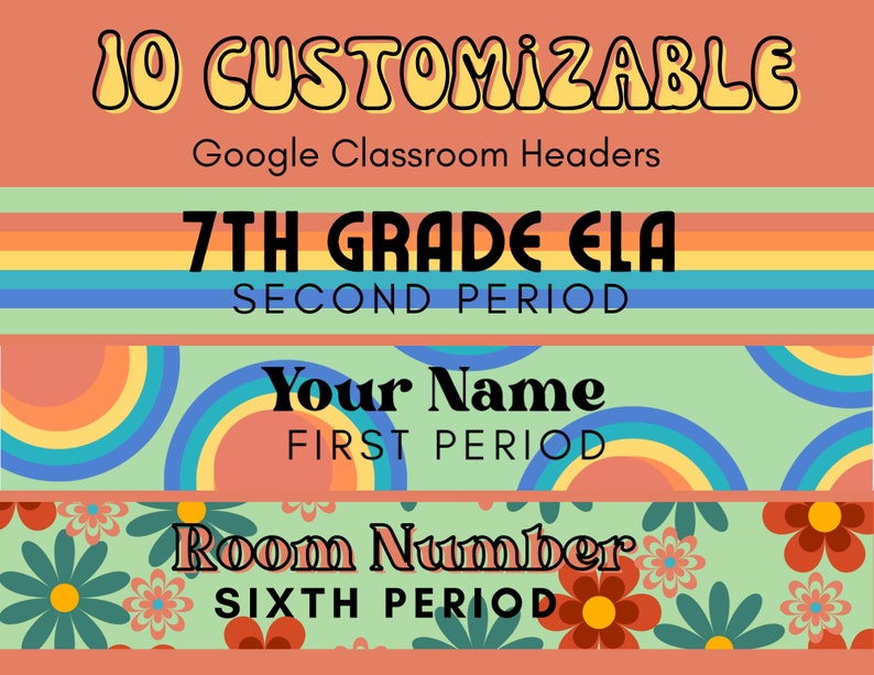 10 Groovy 70's Google Classroom Banner Bundle, Customizable in Canva