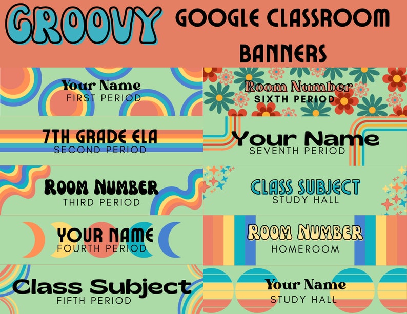 10 Groovy 70's Google Classroom Banner Bundle, Customizable in Canva