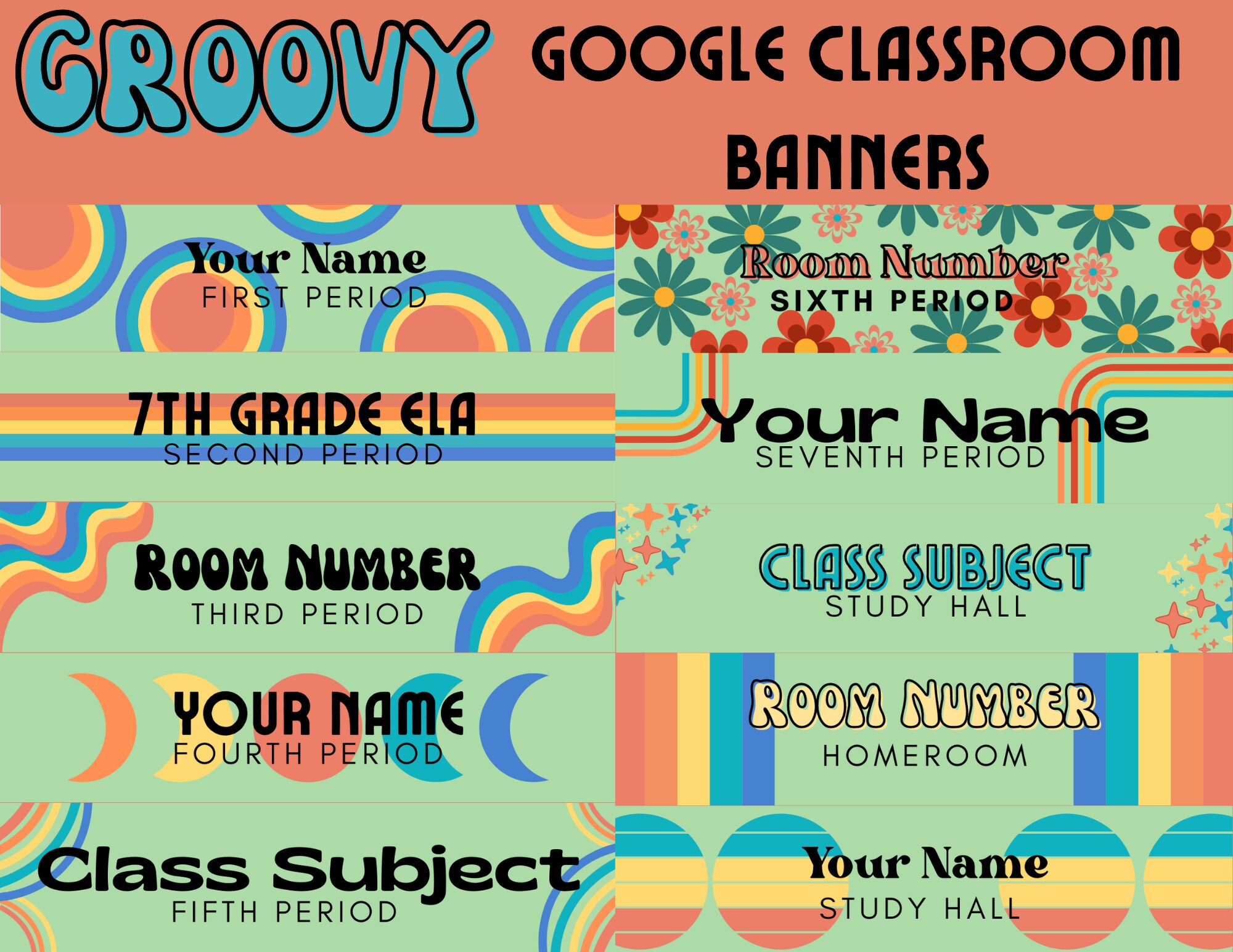 10 Groovy 70's Google Classroom Banner Bundle, Customizable in Canva
