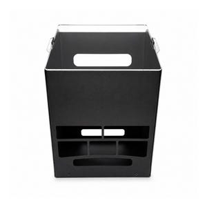 May include: A matte black storage bin featuring a tapered rectangular shape with a large open top and integrated handle cutouts. The front panel includes a series of horizontal and vertical dividers creating multiple compartments for organization.