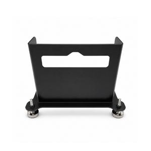 May include: A matte black metal stand featuring a wide, U-shaped vertical panel with a central rectangular cutout. The base is supported by two adjustable silver-toned metal feet with threaded bolts and nuts on each side for leveling stability.