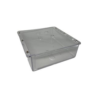 May include: A clear, rectangular plastic container with a lid. The container has rounded corners and small holes in the lid. Small screws secure the lid to the container. The container is designed for storage.