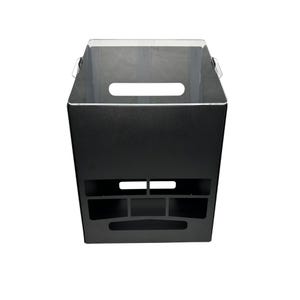 May include: A black storage bin with a rectangular shape and a clear plastic top. The bin has a handle on each side and several compartments on the front. The bin is designed for organizing items.