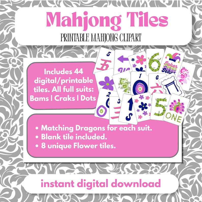 May include: A collection of printable Mahjong tiles featuring pink, purple, blue, and green designs. The text reads Mahjong Tiles, Printable Mahjong Clipart, Includes 44 digital/printable tiles. All full suits: Bams | Craks | Dots, Matching Dragons for each suit, Blank tile included, 8 unique Flower tiles, and instant digital download.