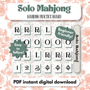 May include: A digital practice board for Solo Mahjong featuring a grid of white tiles with black letters, numbers, and decorative symbols. The board includes text labels reading Solo Mahjong, Mahjong Practice Board, Beginner friendly, Easy to follow, and PDF instant digital download.