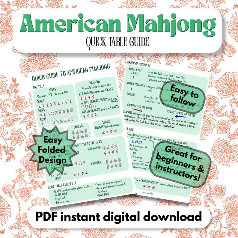 May include: A light green American Mahjong quick table guide featuring rules, tile types, and gameplay instructions. The document includes sections on suits, dragons, winds, and etiquette, with text overlays stating Easy to follow, Easy Folded Design, and Great for beginners & instructors!