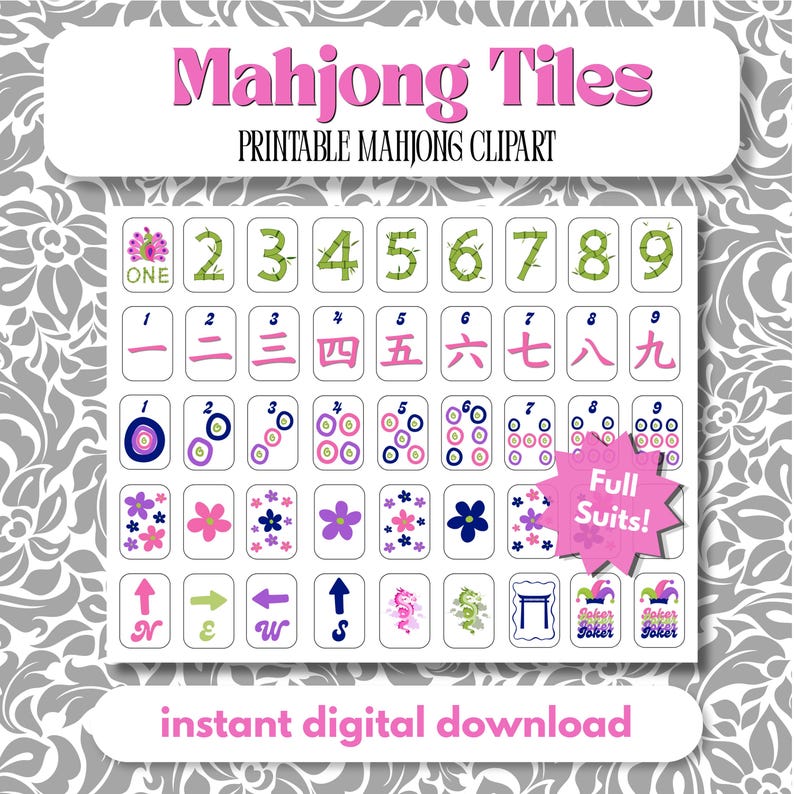 May include: A digital collection of Mahjong tiles featuring bamboo numbers, Chinese characters, dot patterns, floral designs, directional arrows, dragons, and joker tiles. The graphic includes the text Mahjong Tiles, Printable Mahjong Clipart, Full Suits, and instant digital download.