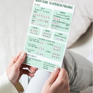 May include: A white rectangular card titled Quick Guide to American Mahjong with light green sections. It displays tile categories including Suits, Dragons, Flowers, Jokers, and Winds, a total tile count of 152, and a list of table etiquette rules.