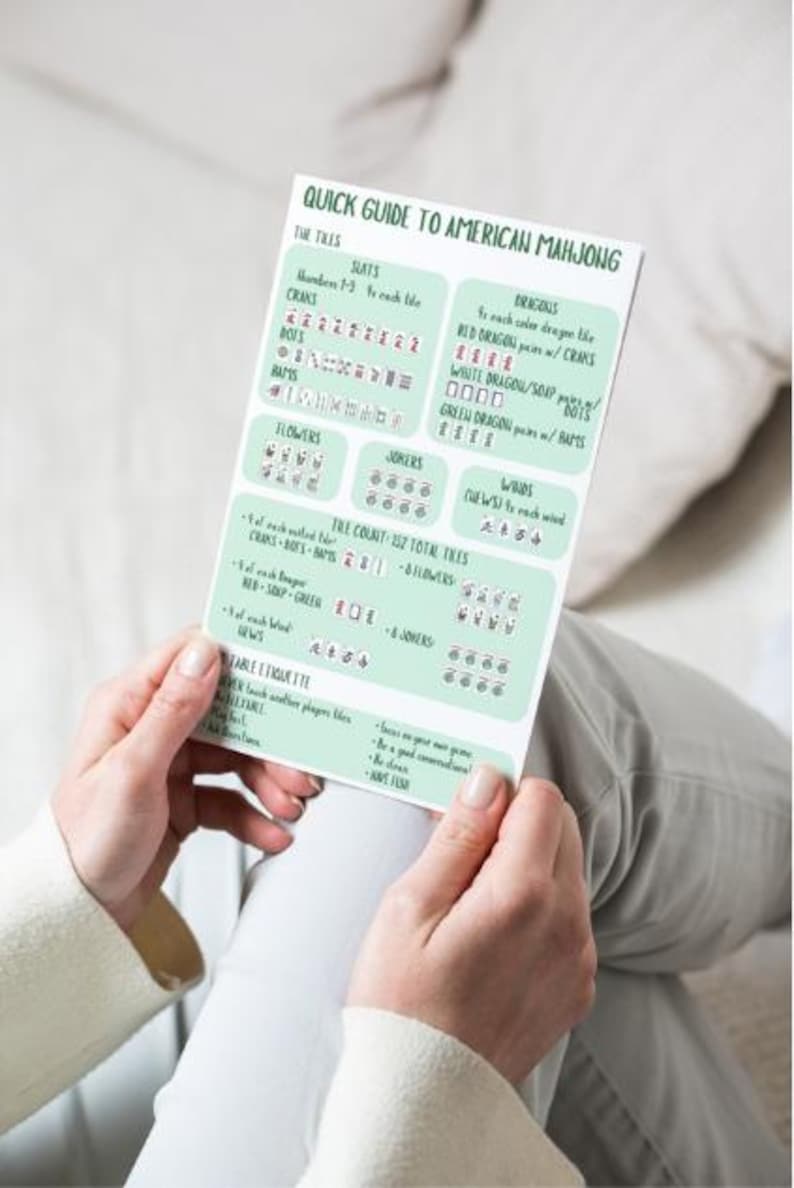 May include: A white rectangular card titled Quick Guide to American Mahjong with light green sections. It displays tile categories including Suits, Dragons, Flowers, Jokers, and Winds, a total tile count of 152, and a list of table etiquette rules.