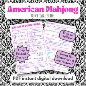 Può includere: Una guida rapida da tavolo per il Mahjong americano su due pagine, stampata su carta bianca con testo e grafiche rosa. La guida include sezioni su tessere, draghi, venti, ordine di gioco ed etichetta, con fumetti viola di facile lettura.