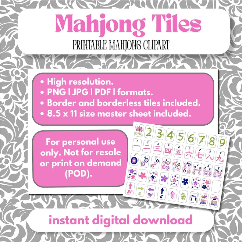 May include: A digital download of printable Mahjong tiles clipart featuring a master sheet of various game tiles with numbers and symbols in pink, purple, and green. The text includes Mahjong Tiles, Printable Mahjong Clipart, and usage terms for an 8.5 x 11 inch sheet.