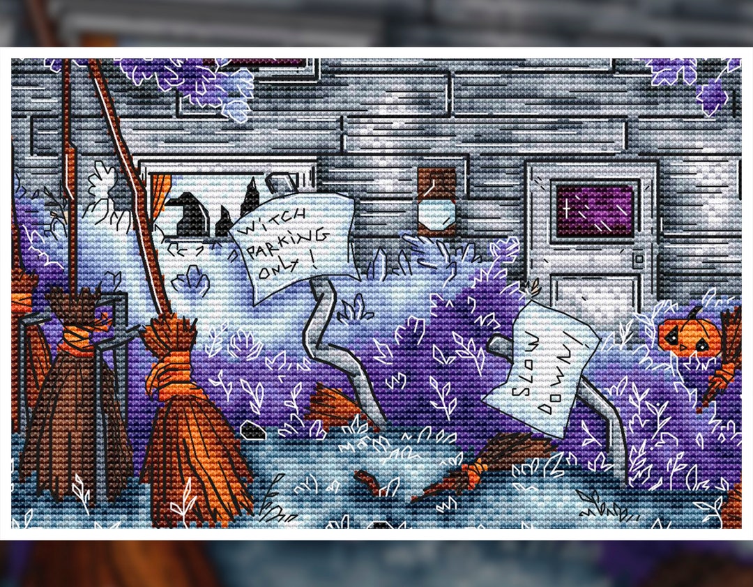 Witchy Parking Cross Stitch Pattern Pdf, Halloween Cross Stitch, Modern