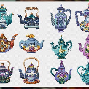Teapots cross stitch pattern pdf, Kitchen cross stitch, China cross stitch, Dining room cross stitch, Modern cross stitch