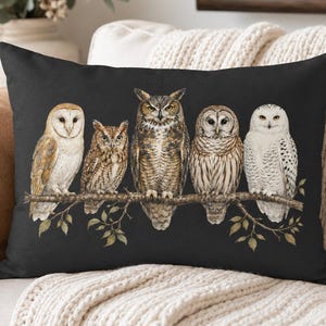 Watercolor Lumbar Pillow, Woodland Bird Decor, Barn Owl Snowy Rectangle Throw