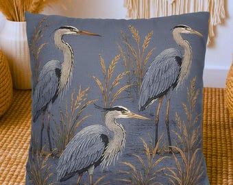 Funda de almohada de garza azul de 45x45 cm, arte botánico de aves, decoración para casa de lago, regalo para amantes de la naturaleza, cojín decorativo costero, cojín estilo cottagecore.