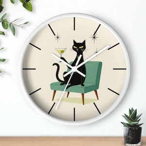 Mid Century Atomic Cat Wall Clock | Retro 1950s Black Cat Martini Home Decor