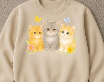 Retro Kitten Sweatshirt, Floral Cat Butterfly Graphic Crewneck