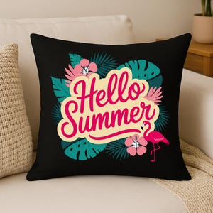 Funda de almohada de flamenco de gamuza sintética de verano, bonita funda de cojín costera, cojín cuadrado de Hello Summer, decoración de casa de playa