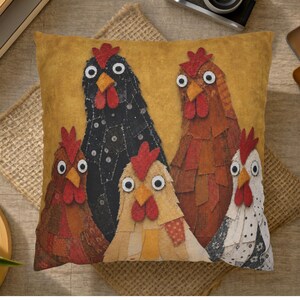 May include: A square throw pillow with a mustard yellow background featuring an applique design of four chickens. The chickens are crafted from various fabric patches in black, brown, cream, and white, each with red combs and googly eyes.