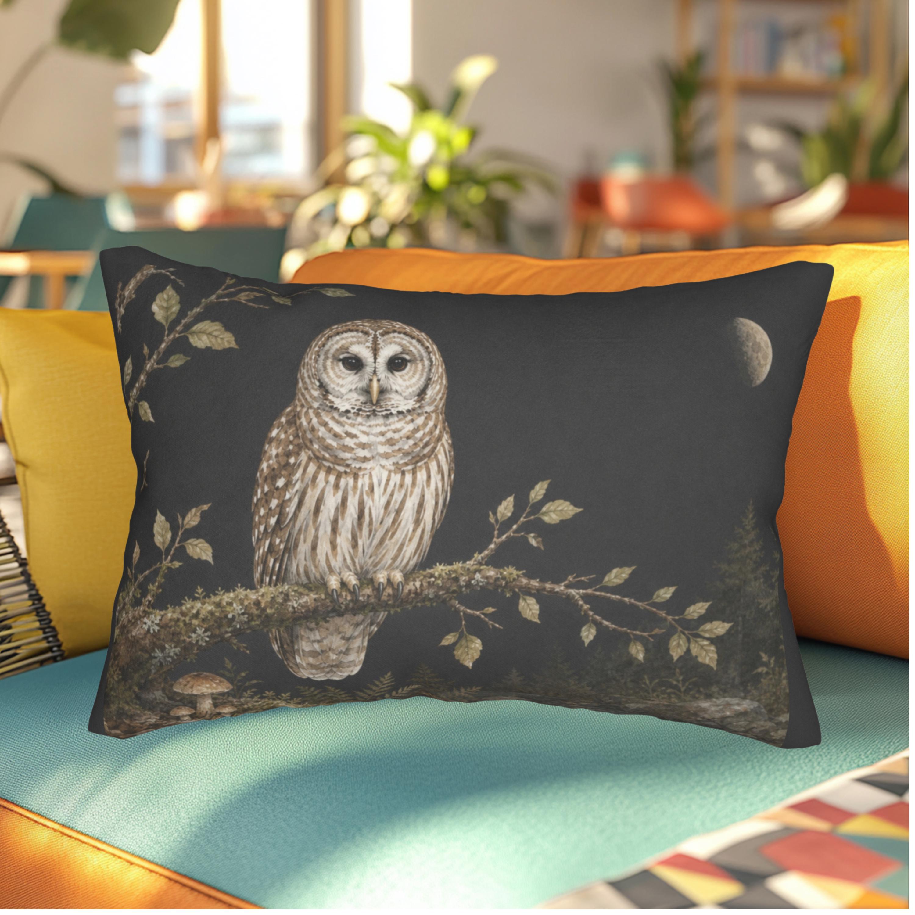 Barred Owl Lumbar Pillow, Vintage Botanical Throw Pillow 20x14, Dark Cottagecore Home Decor, Moonlit