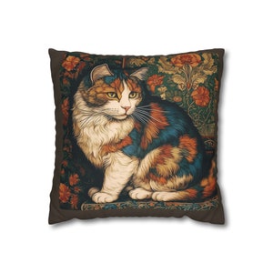 Funda de almohada Calico Cat, Funda de almohada inspirada en William Morris, Decoración Cottagecore, Regalo para amantes de los gatos, Decoración del hogar caprichosa, Regalo único