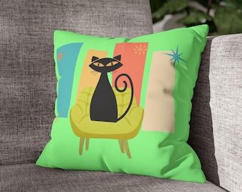 Atomic Cat Pillowcase: Retro Mid-Century Modern Faux Suede Pillow Cover