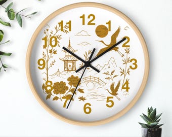 Japanese Crane & Pagoda Wall Clock: Oriental Art Decor