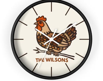 Personalized Mid Century Modern Chicken Wall Clock, Retro Farmhouse Decor