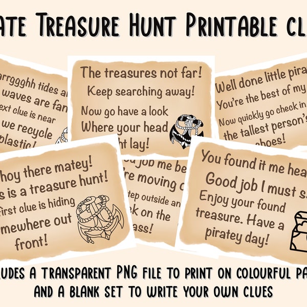 Pirate Treasure Hunt Clues. Printable clues for kids. A4. PDF, JPEG and PNG.