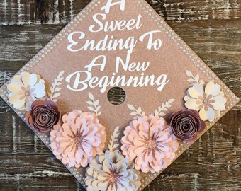 94 A Sweet Ending To A New Beginning Graduation Cap topper, Graduation Flower Cap Topper, Grad quote Graduation Cap, Pink Glitter Gradcap