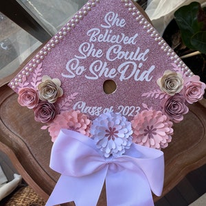 95 Custom personalized She Believed She Could Graduation Cap topper, Flower Graduation cap, Flower Graduation topper, Personalized Grad Cap