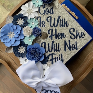 42 God Is With Her She Will Not Fail Graduation Cap topper, Graduation Flower Cap Topper, Grad quote Graduation Cap, Silver Glitter Grad Cap