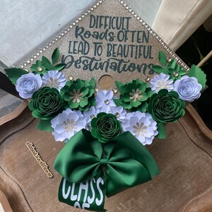 124 Difficult Roads Graduation Cap topper, Graduation Flower Cap Topper, Grad quote Graduation Cap. Personalized Glitter Grad Cap