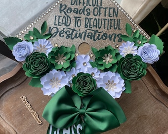 124 Difficult Roads Graduation Cap topper, Graduation Flower Cap Topper, Grad quote Graduation Cap. Personalized Glitter Grad Cap