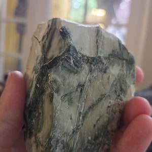 May include: A raw, irregularly shaped stone specimen featuring a smooth, pale green surface with prominent dark green and black veining. The rock displays a natural, unpolished texture with visible fissures and layered mineral patterns throughout.