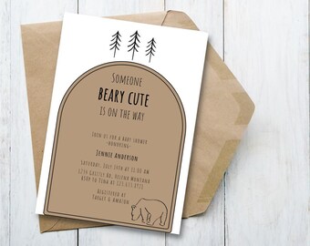 Woodland Bear Baby Shower Invitation: Gender Neutral, Editable (Canva)