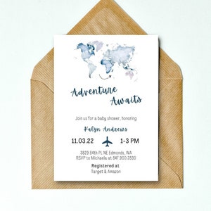 ADVENTURE Baby Shower Invitation Template | TRAVEL Baby Shower | Editable Template | Airplane Baby Shower Invite | Gender Neutral | Map
