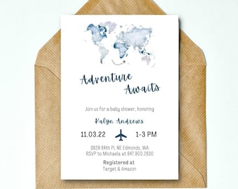 Adventure Awaits Baby Shower Invitation: Travel Theme (Editable Template)