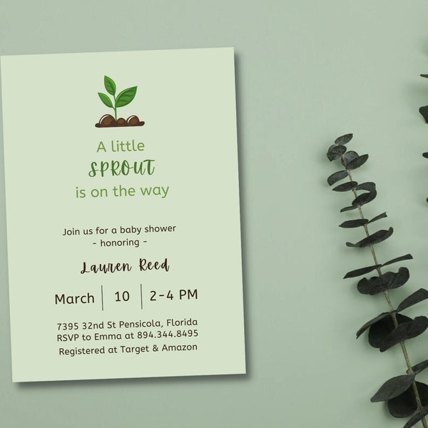 LITTLE SPROUT Baby Shower Invitation Template | Green Sprout | Editable Template | Modern Baby Shower Invite | Gender Neutral Baby Shower