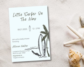 Surfer Baby Shower Invitation: Beach Theme, Editable Template (Canva)