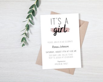 Girl Baby Shower Invite: Minimalist Blush Pink Template (Canva)