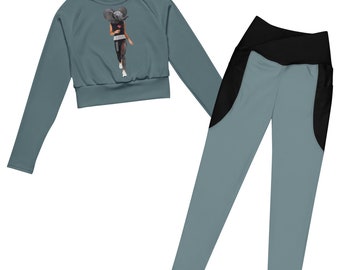 Long Sleeve Crop Top and Crossover Pockets Leggings Set / Gym Wear / Sport Running Clothes / Athletic Fitness / Active Fit  Workout / Gift