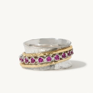 Ruby Birthstone Spinner Ring, Handmade 925 Sterling Silver and 14K Yellow Gold Handmade Spinner Ring, July Birthstone, Ruby