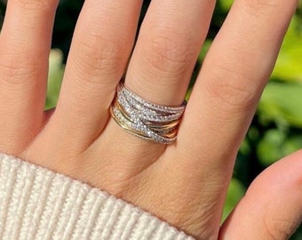Handmade 925 Sterling Silver and 14K Yellow Gold Mixed Metal Gemstone Ring Two Tone Hypoallergenic Highway Ring Cubic Zirconia Gemstones