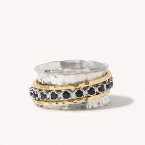 Sapphire Birthstone Spinner Ring, Handmade 925 Sterling Silver and 14K Yellow Gold Handmade Spinner Ring, September Birthstone Sapphire Blue