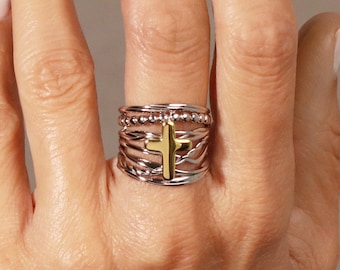 Anillo religioso de plata esterlina hecho a mano, cruz de oro de 14 k, joyería de fe